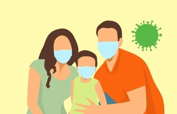 A family of three wearing face masks with a representation of a virus in the background.